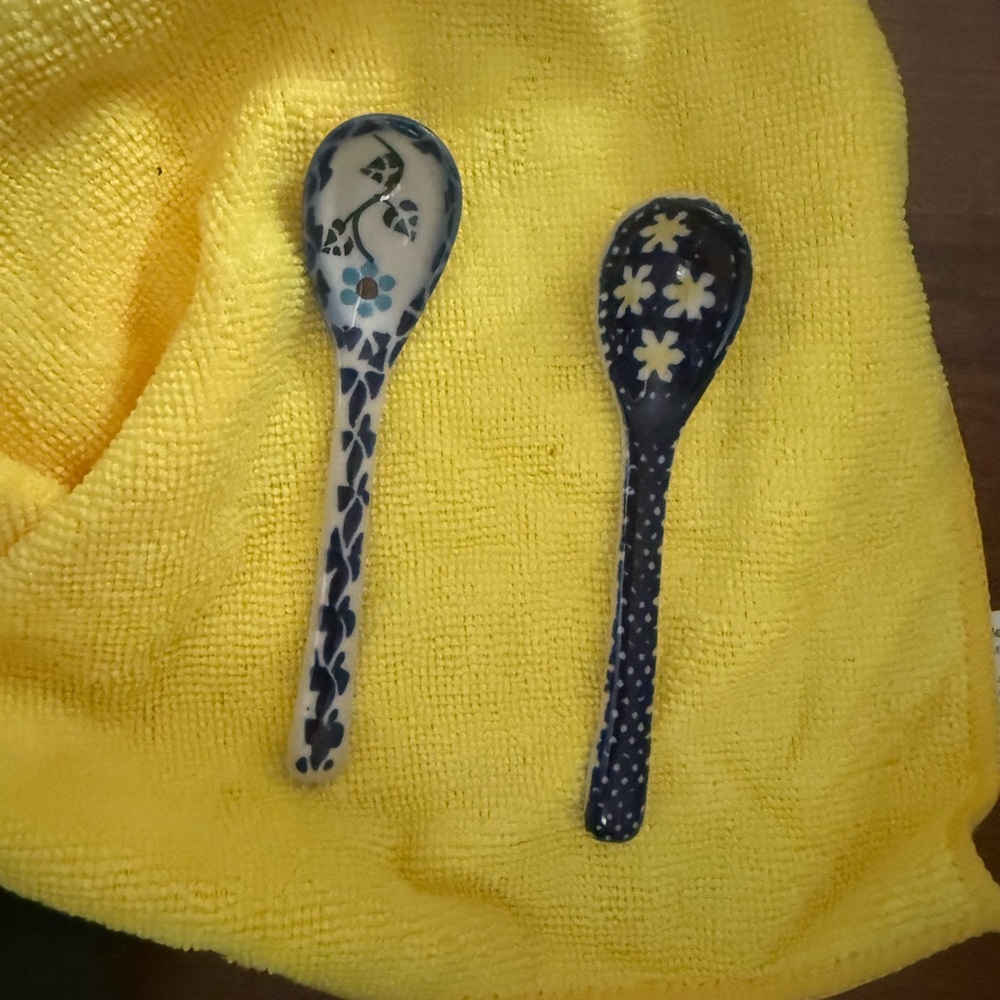 2 Blue and White Polish Pottery Ceramic Spoons